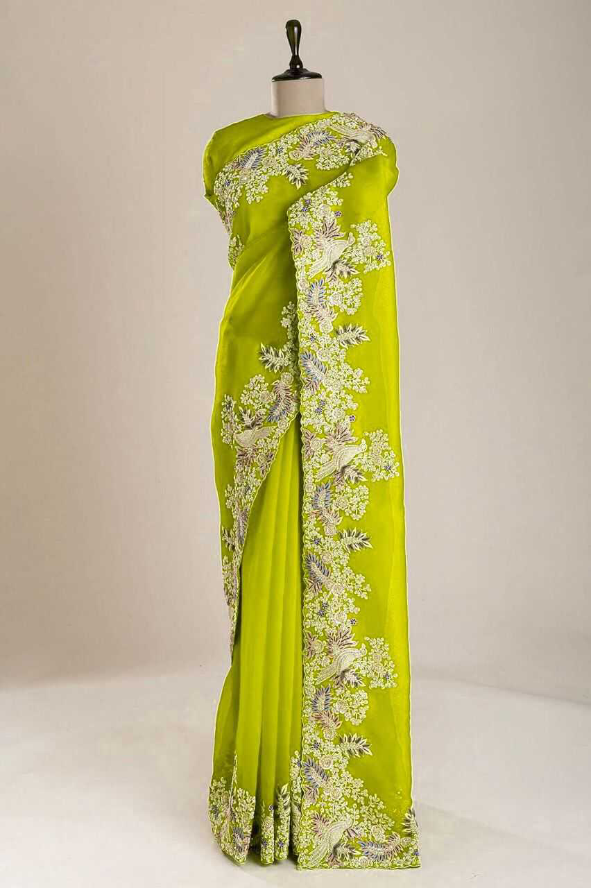 Green Colour Hand Crafted Multi Thread Cutwork Border Designer Saree