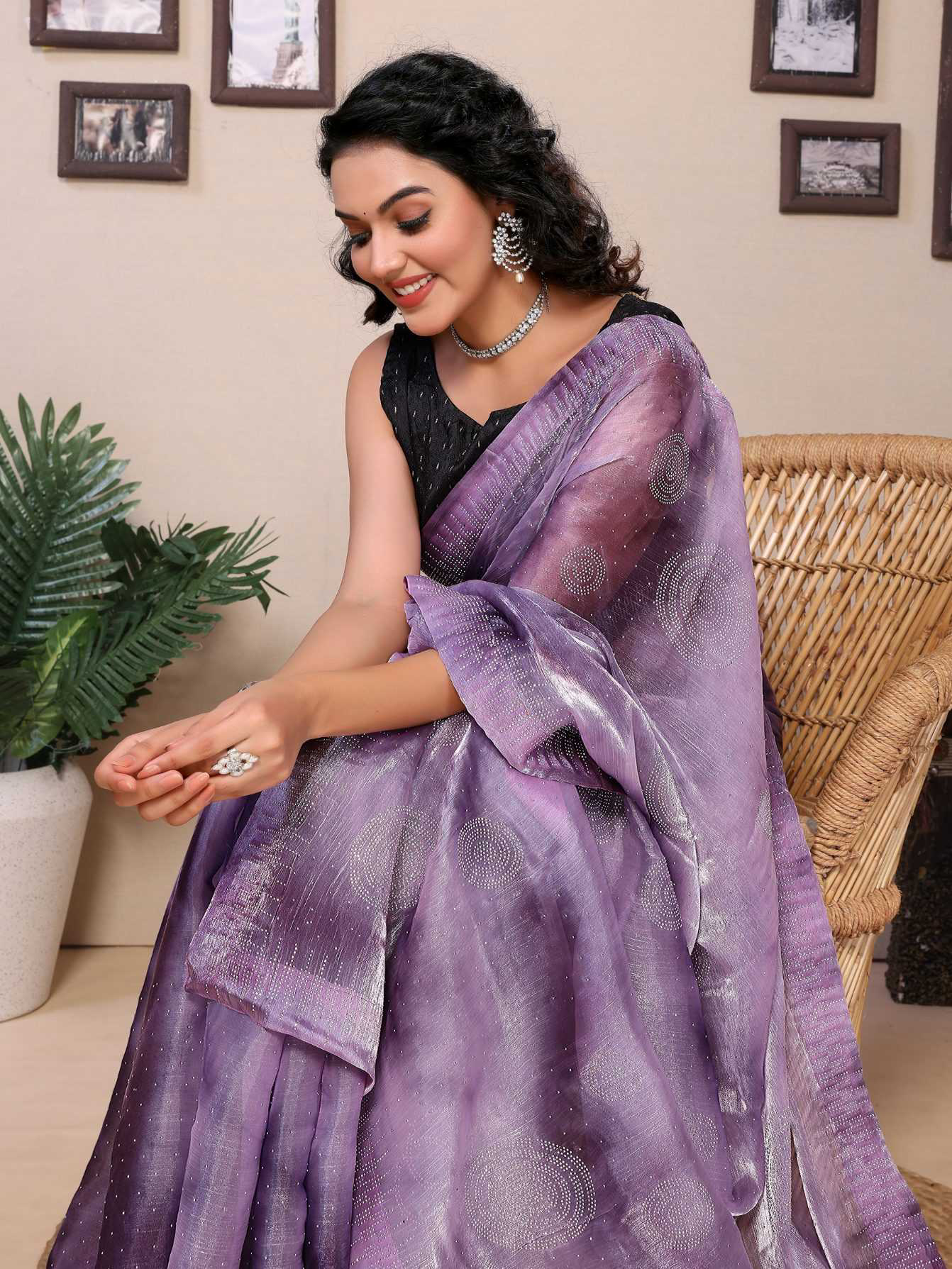 Lavender jimmy choo saree with diamond work