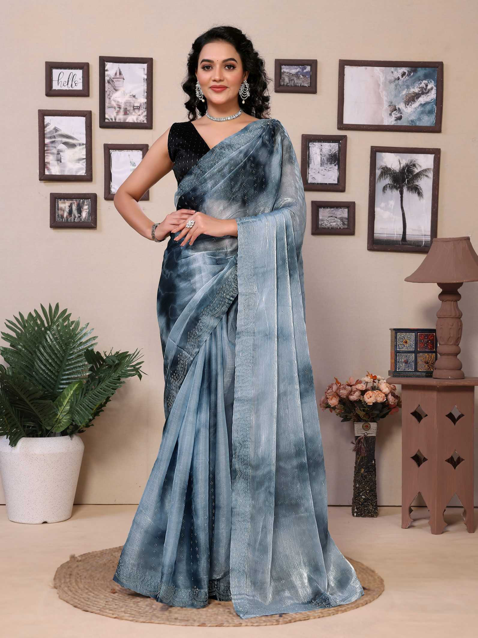 Gray jimmy choo saree with diamond work