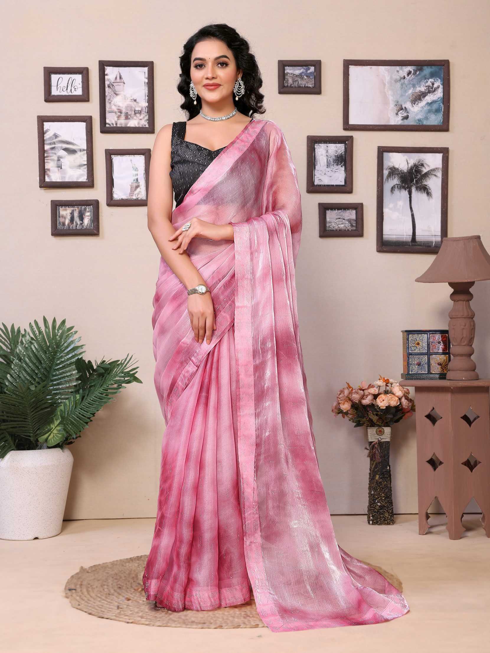 Baby pink jimmy choo saree with diamond work Saree