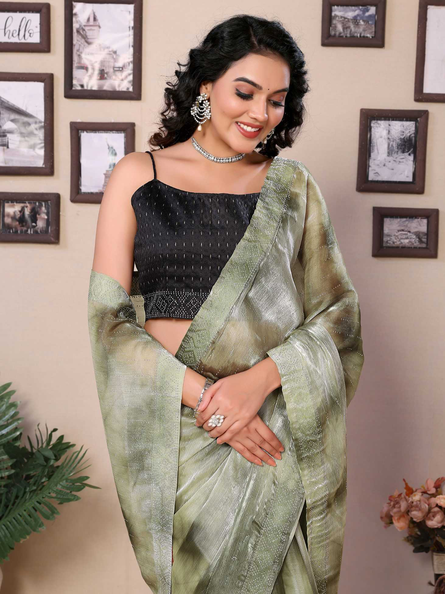 Mahendi green jimmy choo saree with diamond work