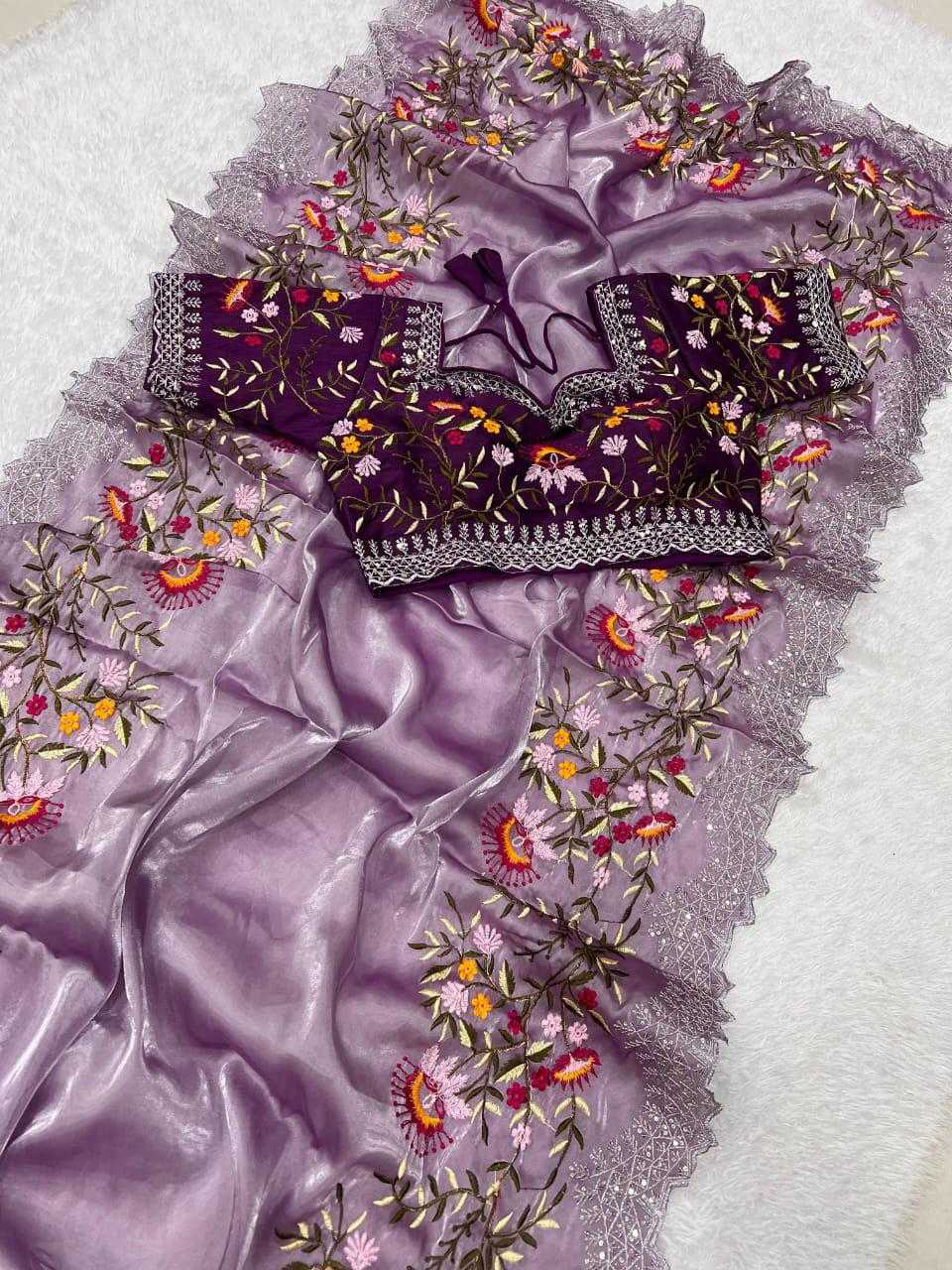 Pure Zimmy Choo Satin Saree With Beautiful 3MM Sequence Zari (C-Pallu) Work And Aarco Border