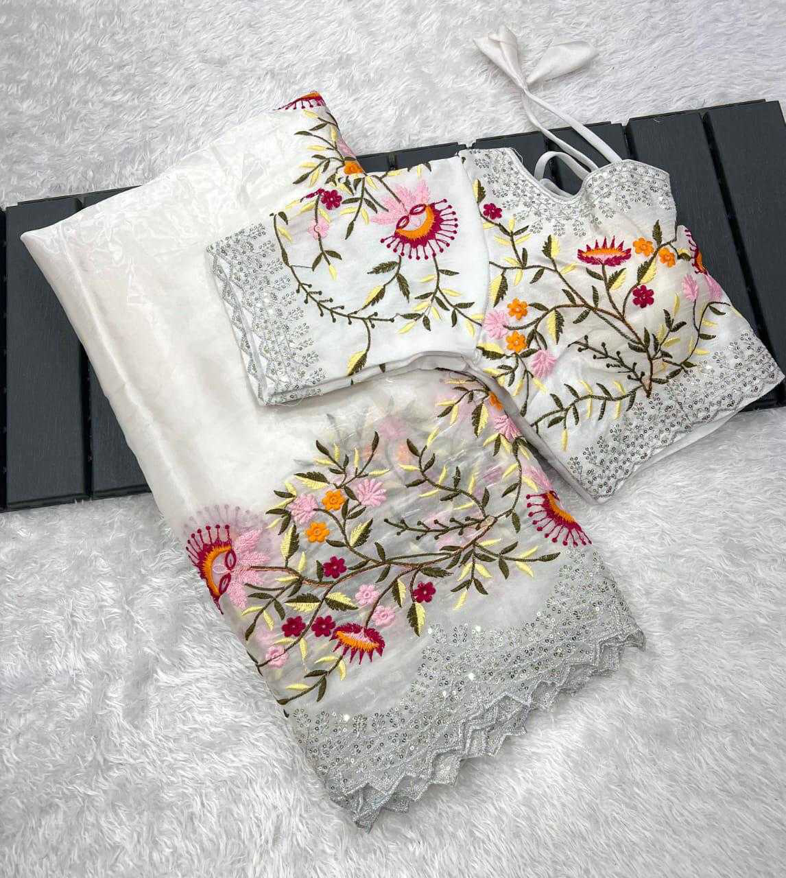 Pure Zimmy Choo Satin Saree With Beautiful 3MM Sequence Zari (C-Pallu) Work And Aarco Border