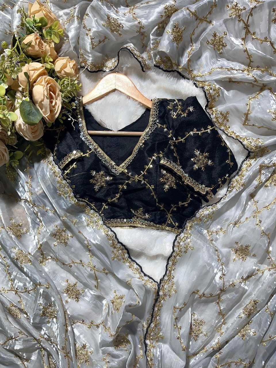 JIMMY CHOO SILK DESIGNER SAREE WITH READYMADE BLOUSE