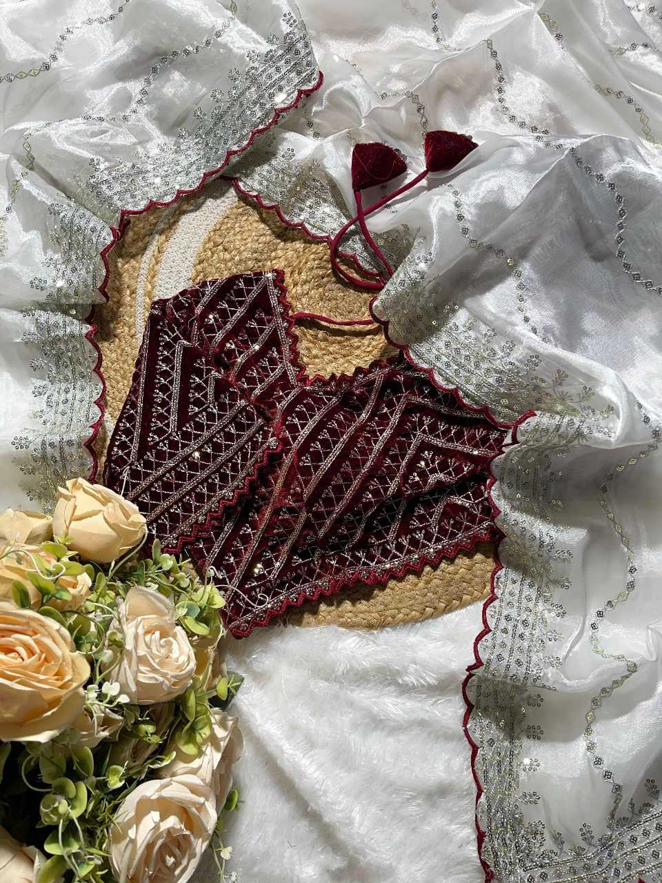 Havy Soft Organza Fabric With Beutiful Floral Prints With Beads And Katdana Handwork In Border - Image 5