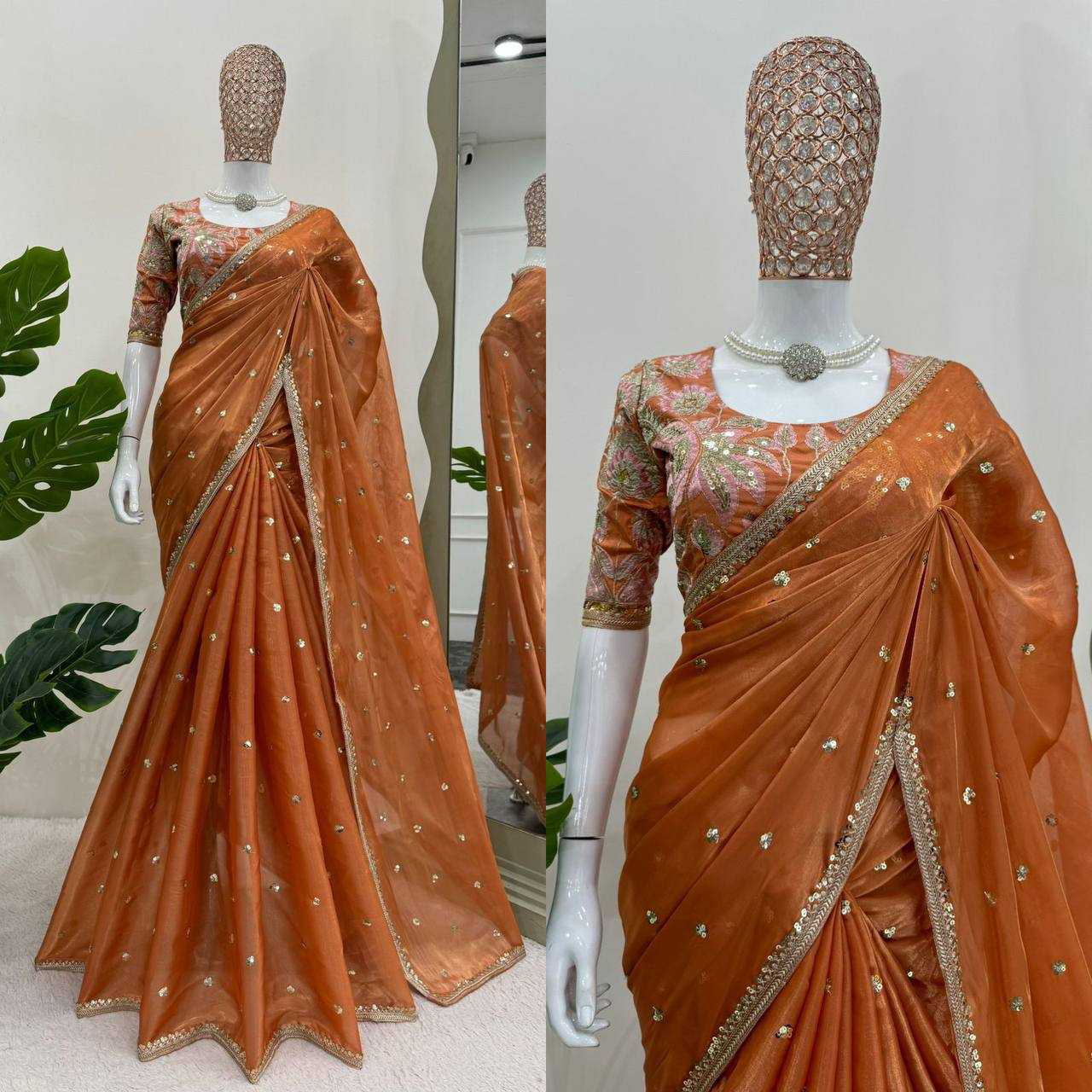 Fanta Orange Shimmery Organza Designer Saree - Image 10