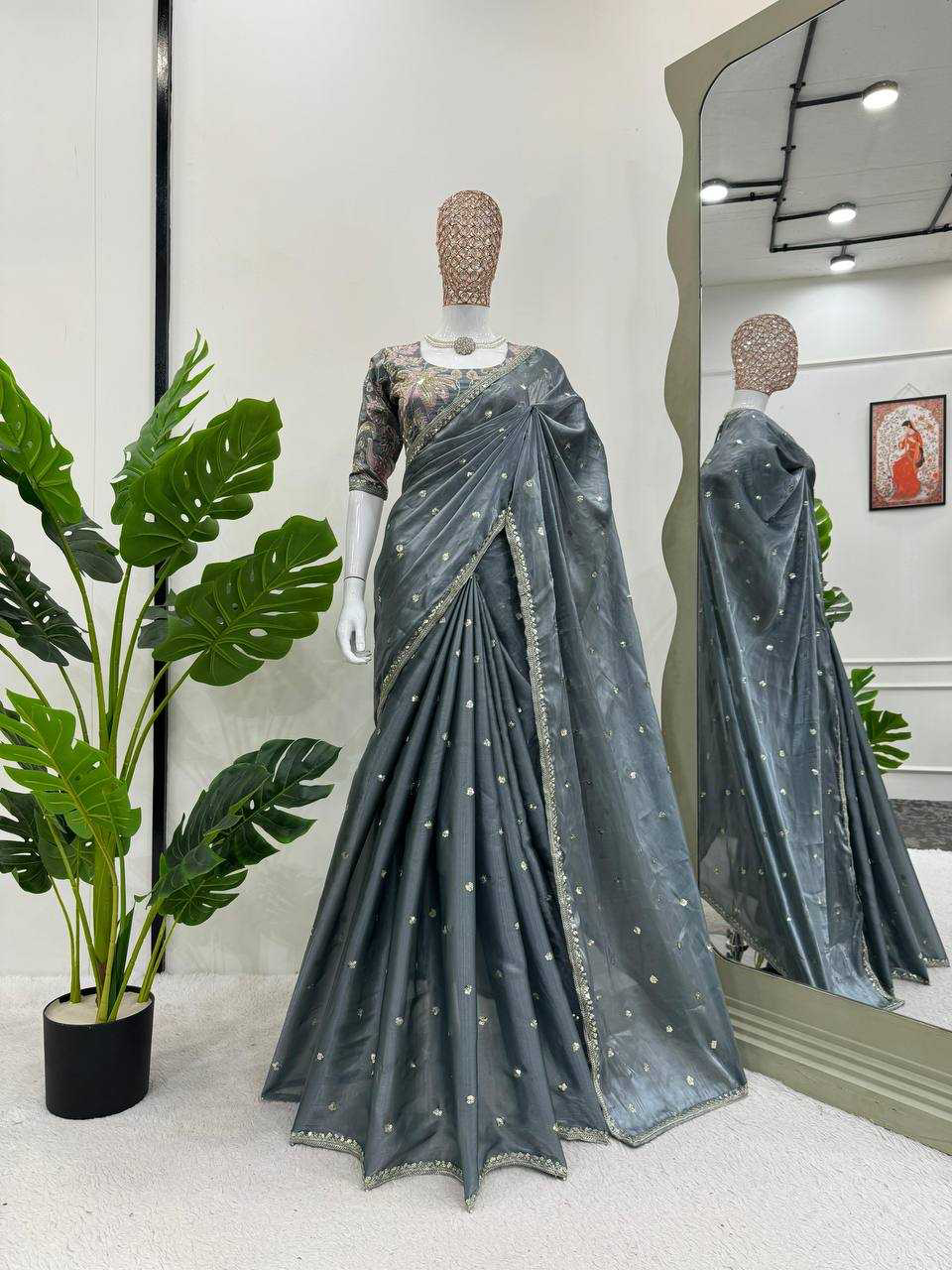 Pastel Gray Shimmery Organza Designer Saree