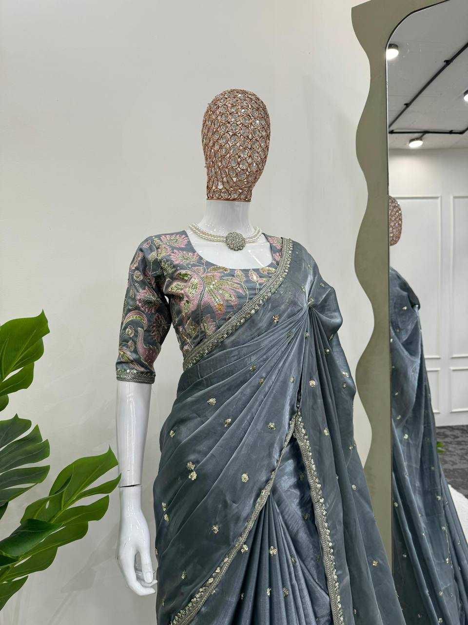 Pastel Gray Shimmery Organza Designer Saree - Image 2