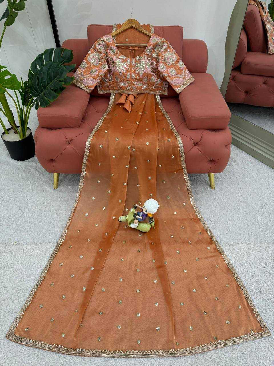 Fanta Orange Shimmery Organza Designer Saree - Image 6