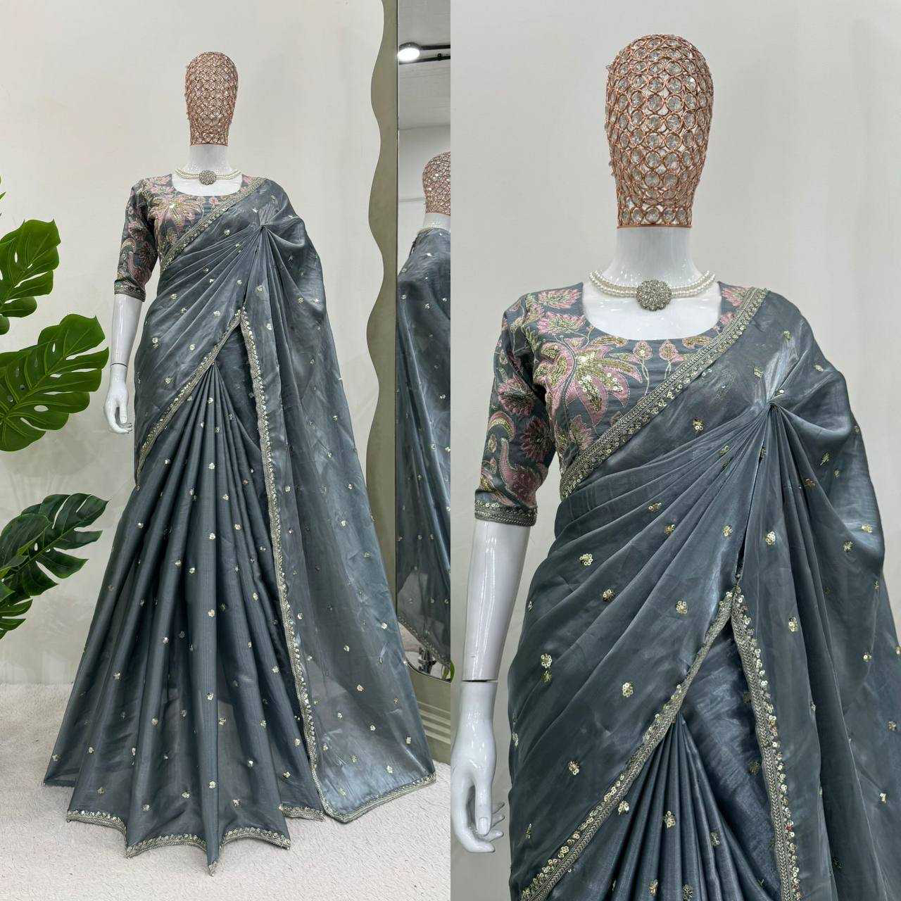 Pastel Gray Shimmery Organza Designer Saree - Image 8