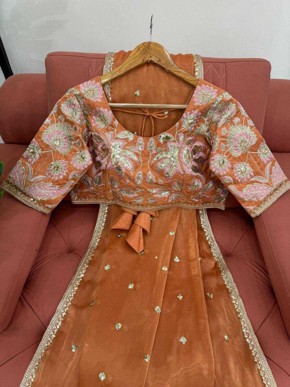 Fanta Orange Shimmery Organza Designer Saree - Image 4