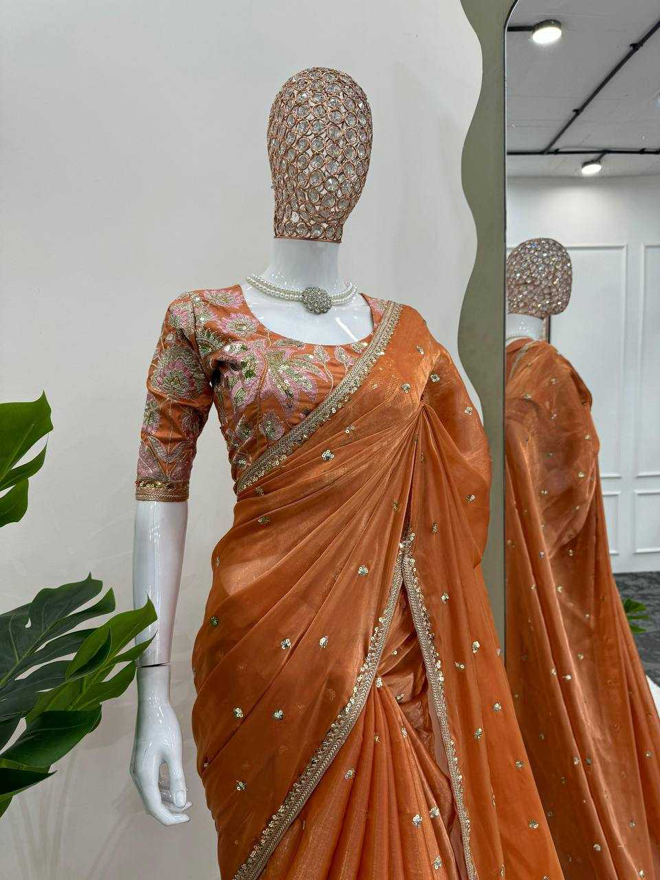 Fanta Orange Shimmery Organza Designer Saree - Image 3