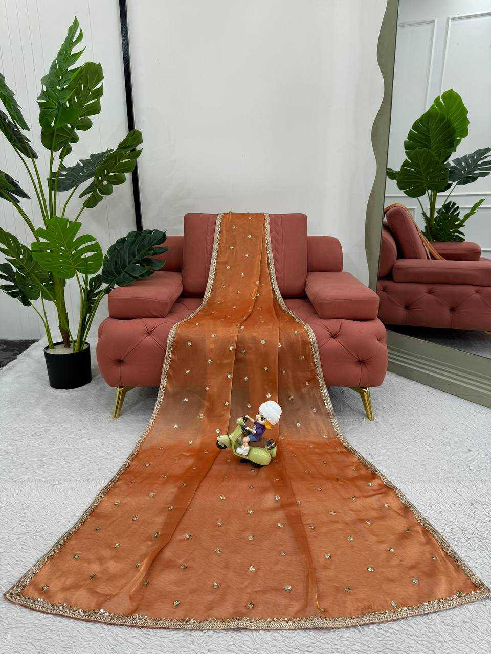 Fanta Orange Shimmery Organza Designer Saree - Image 8