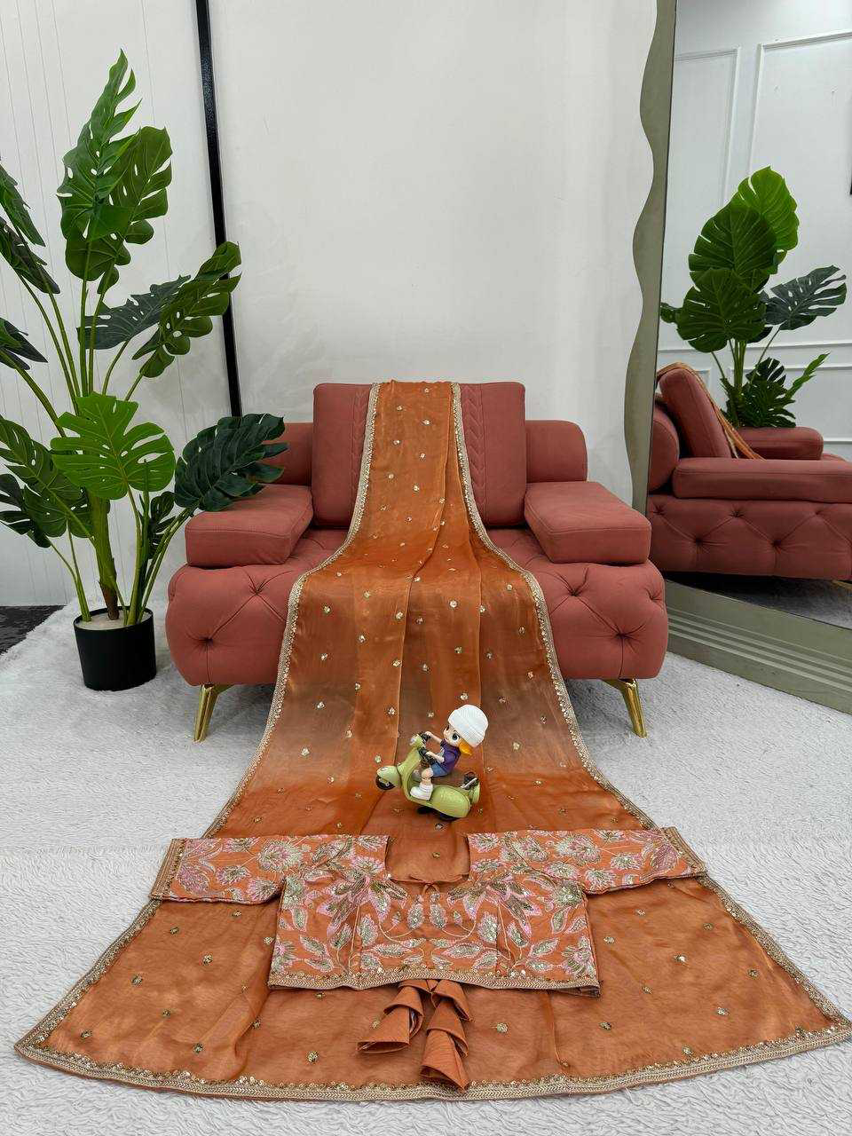 Fanta Orange Shimmery Organza Designer Saree - Image 9