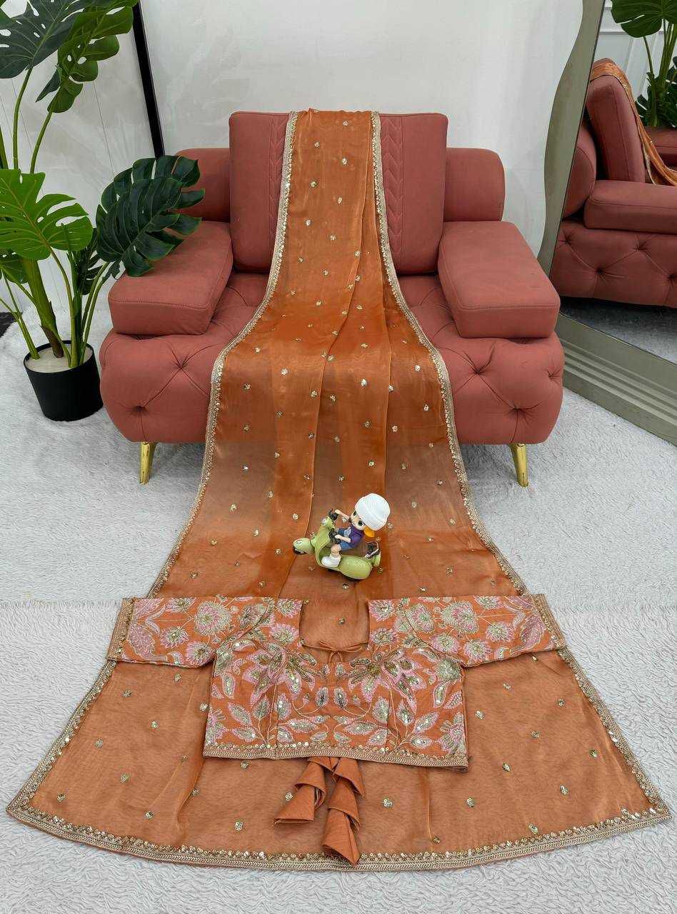 Fanta Orange Shimmery Organza Designer Saree - Image 2
