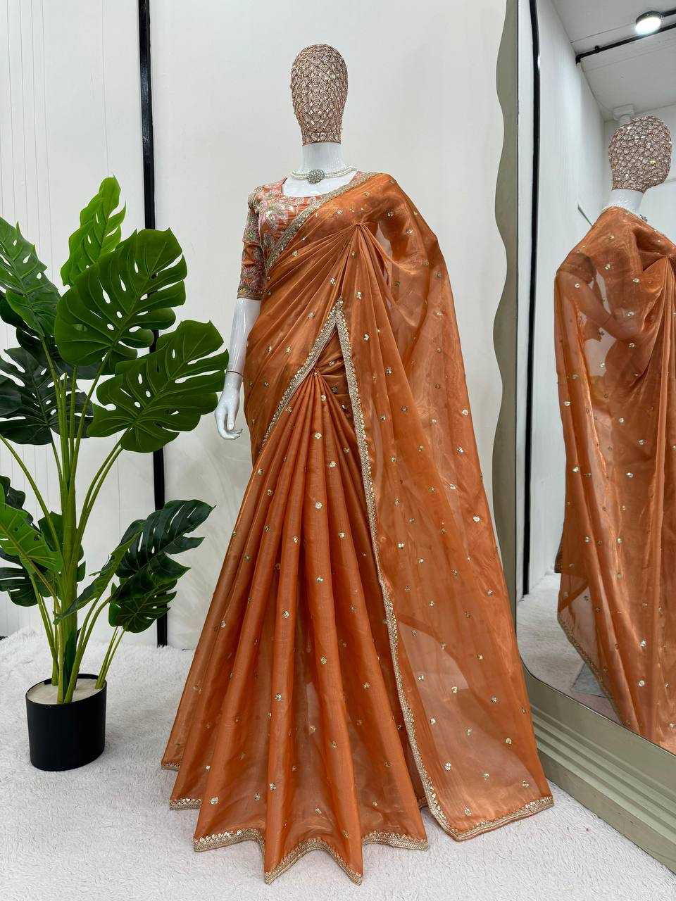 Fanta Orange Shimmery Organza Designer Saree - Image 7