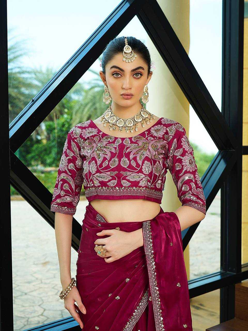 Pink Color Jimmy Choo Saree With Sequence Embroidery Work and Heavy Blouse - Image 3