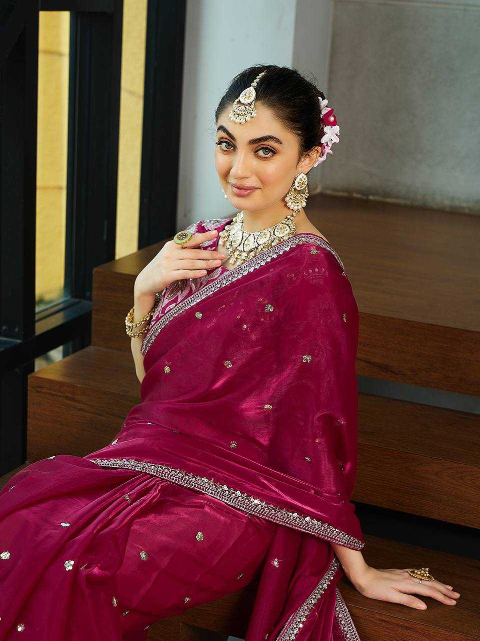 Pink Color Jimmy Choo Saree With Sequence Embroidery Work and Heavy Blouse - Image 9