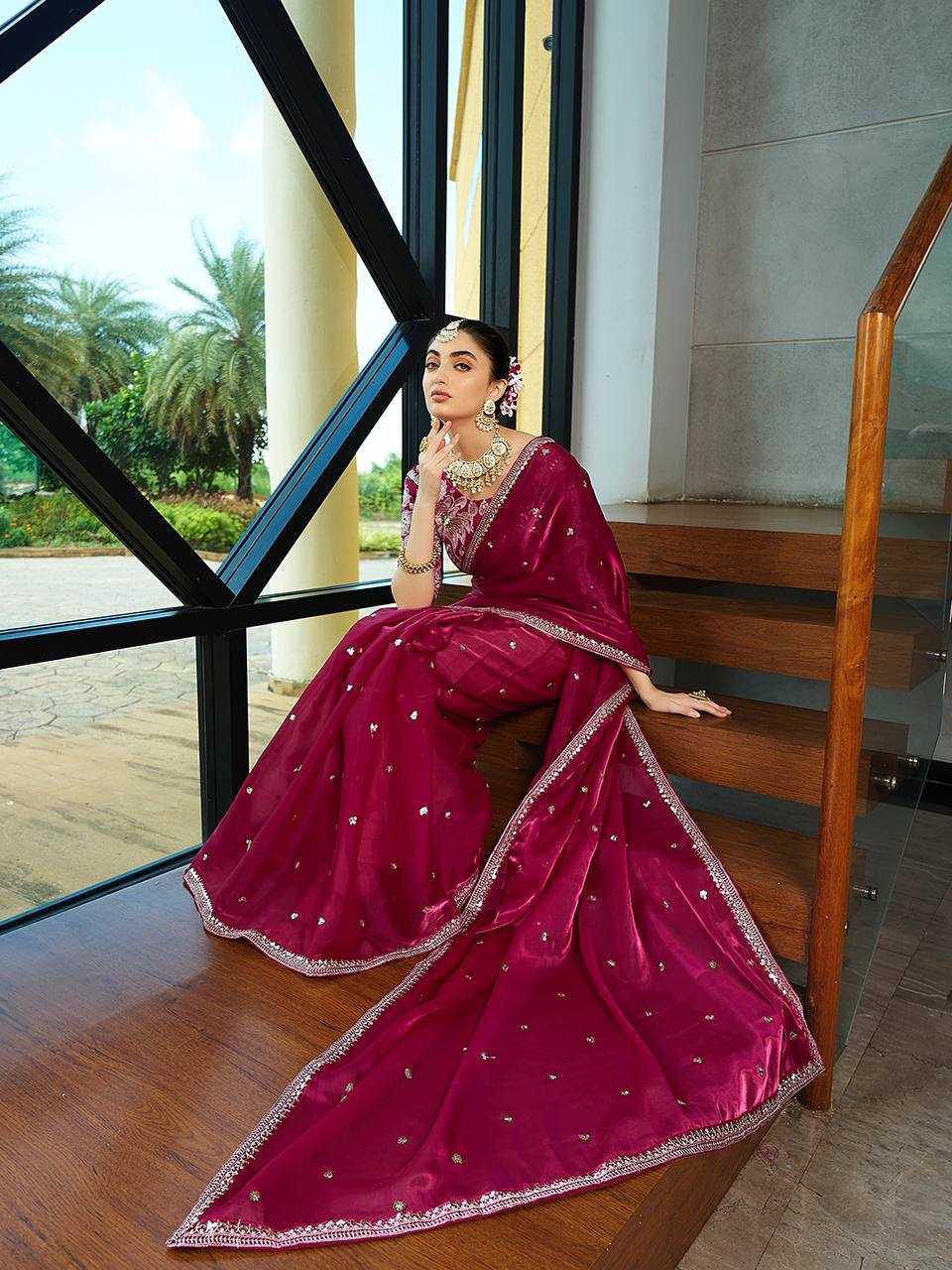 Pink Color Jimmy Choo Saree With Sequence Embroidery Work and Heavy Blouse - Image 2