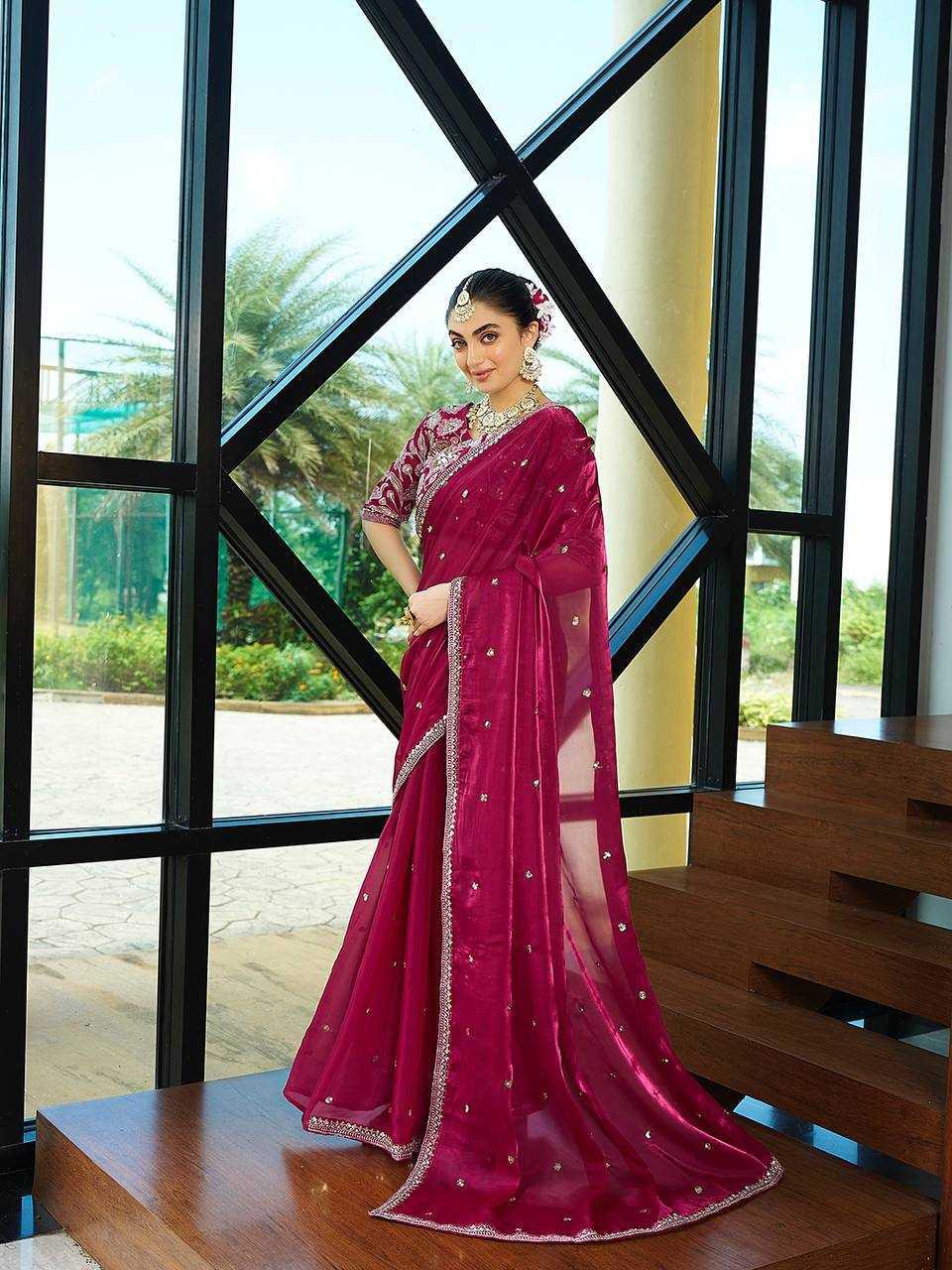 Pink Color Jimmy Choo Saree With Sequence Embroidery Work and Heavy Blouse - Image 4