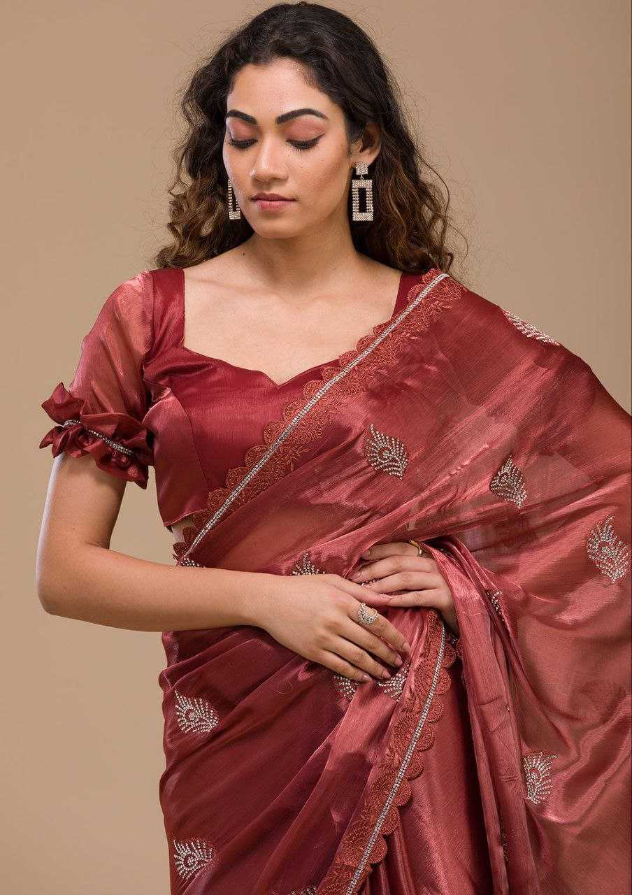 Soft Rich Burberry Silk Fabric Along With Designer Threads C-Pallu Work saree - Image 6