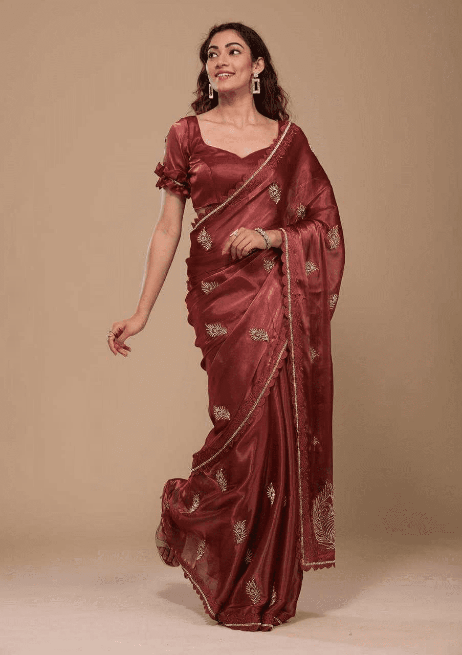 Soft Rich Burberry Silk Fabric Along With Designer Threads C-Pallu Work saree