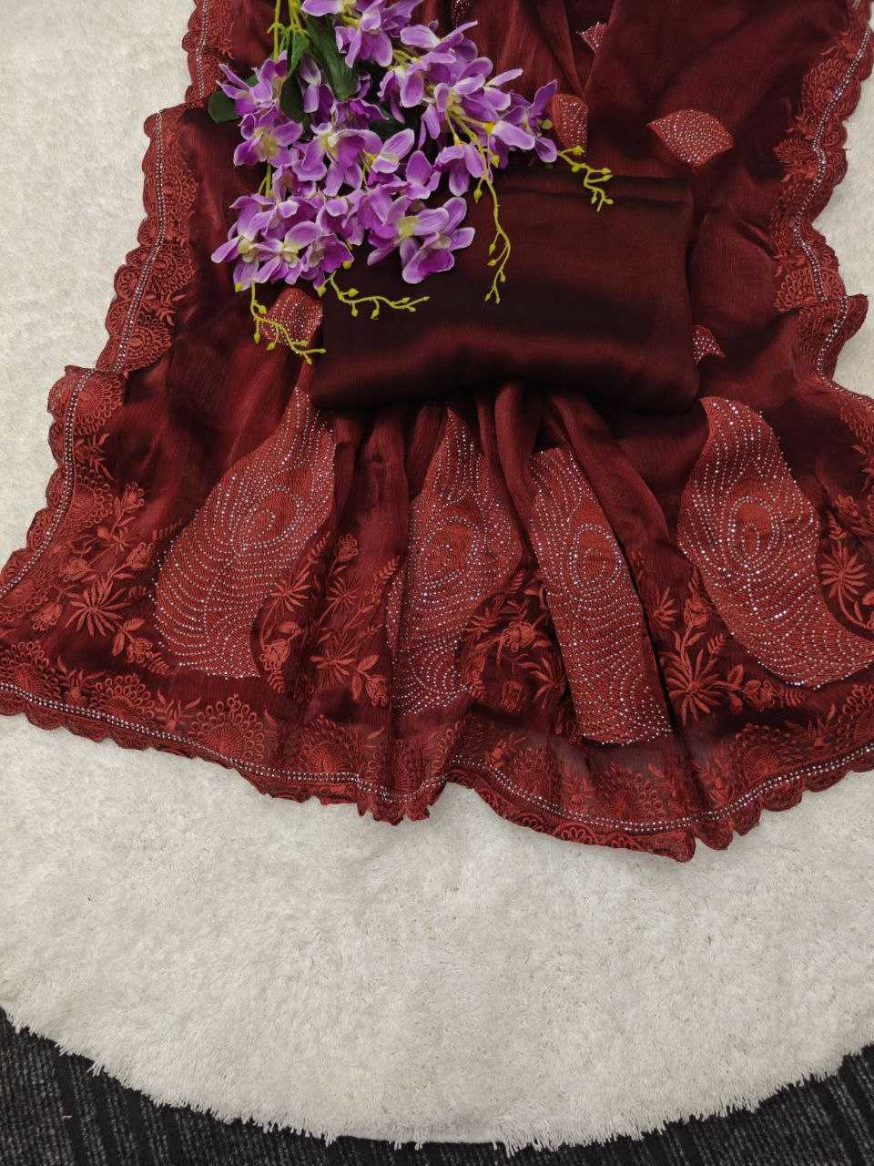 Soft Rich Burberry Silk Fabric Along With Designer Threads C-Pallu Work saree - Image 5