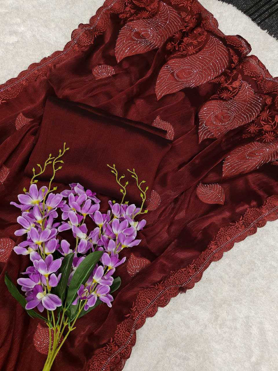 Soft Rich Burberry Silk Fabric Along With Designer Threads C-Pallu Work saree - Image 9