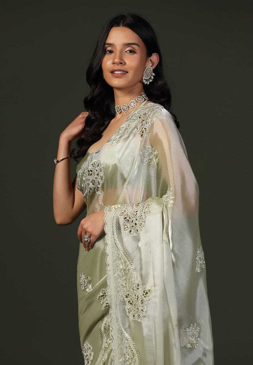 Burberry Silk Saree With Embroidery Cutwork and Stone Work Indian Party Saree - Image 2