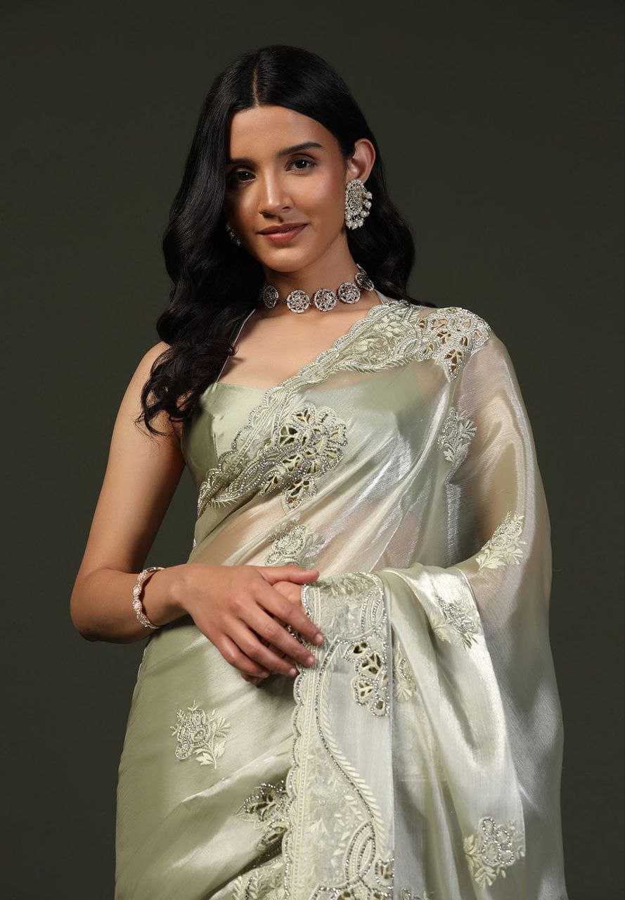 Burberry Silk Saree With Embroidery Cutwork and Stone Work Indian Party Saree