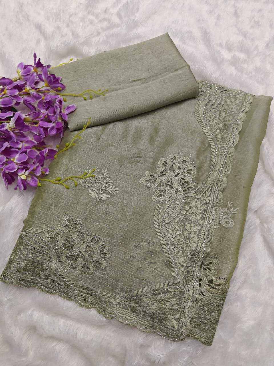 Burberry Silk Saree With Embroidery Cutwork and Stone Work Indian Party Saree - Image 11