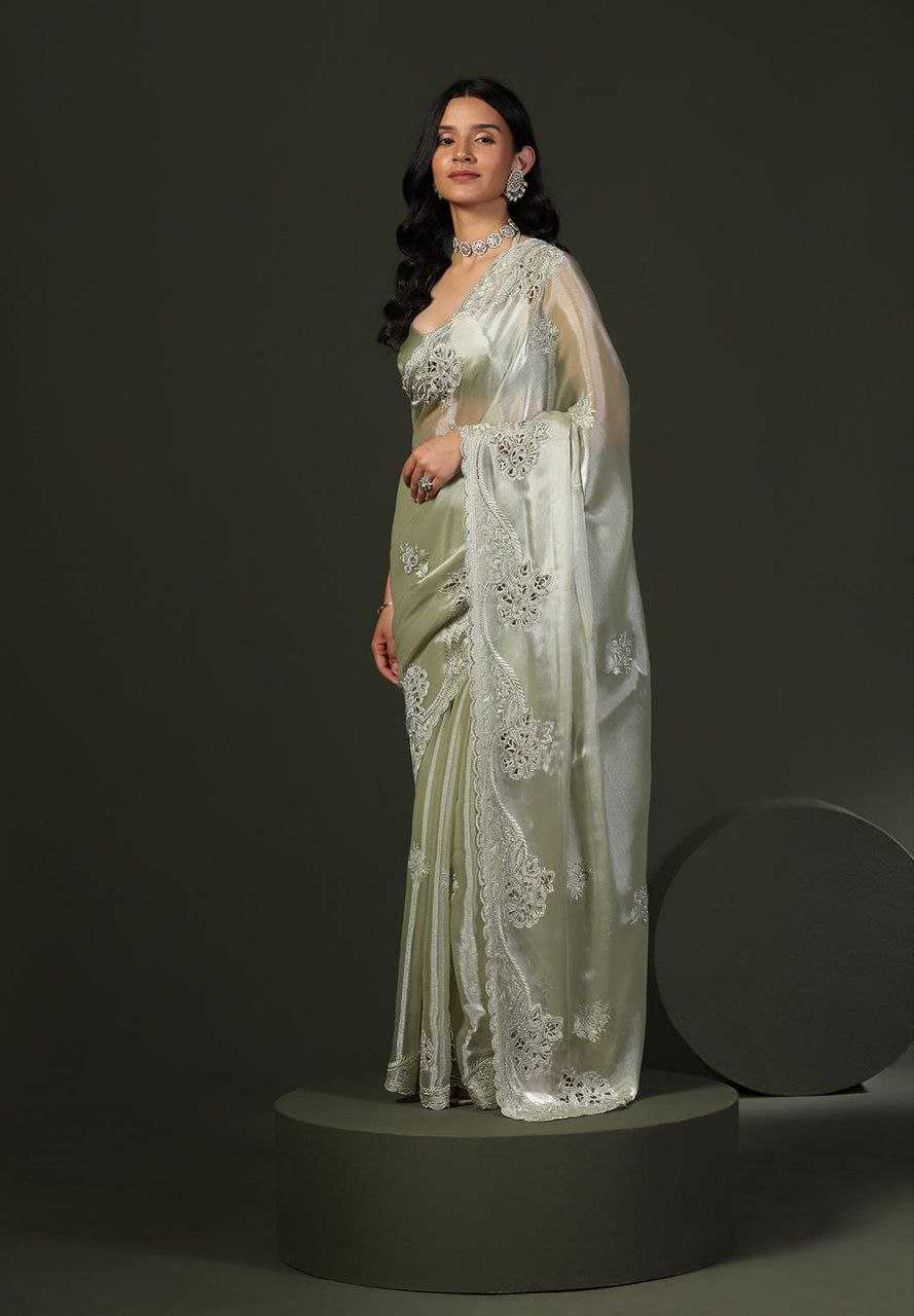 Burberry Silk Saree With Embroidery Cutwork and Stone Work Indian Party Saree - Image 5