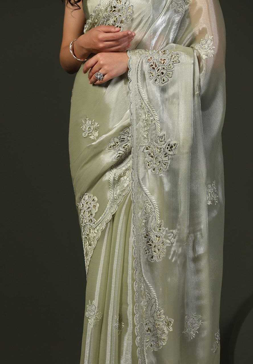 Burberry Silk Saree With Embroidery Cutwork and Stone Work Indian Party Saree - Image 7