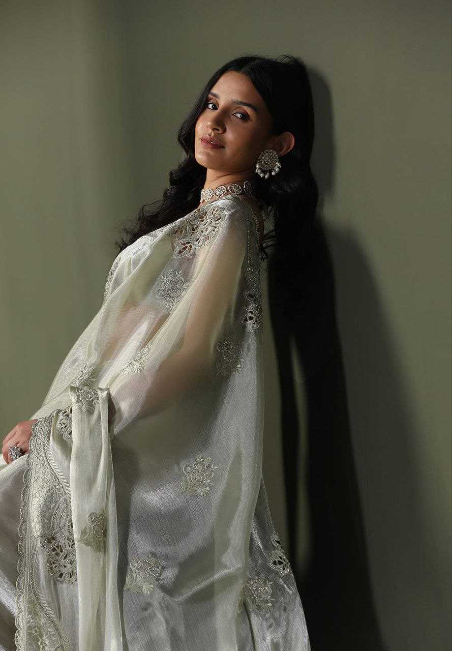 Burberry Silk Saree With Embroidery Cutwork and Stone Work Indian Party Saree - Image 3