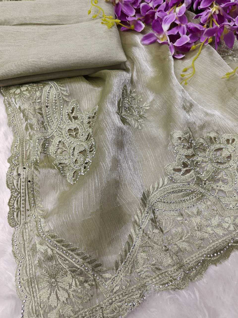 Burberry Silk Saree With Embroidery Cutwork and Stone Work Indian Party Saree - Image 13