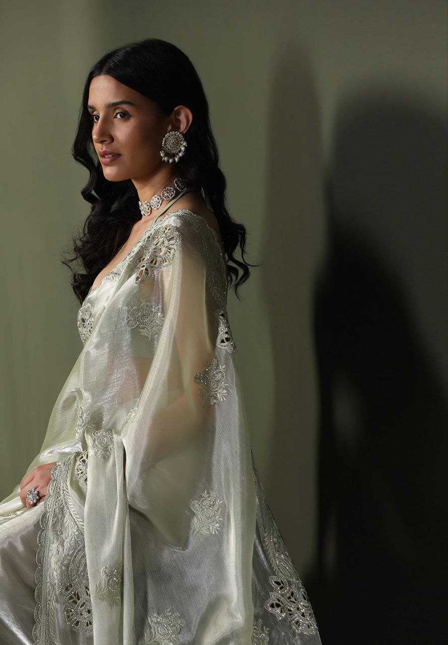 Burberry Silk Saree With Embroidery Cutwork and Stone Work Indian Party Saree - Image 4