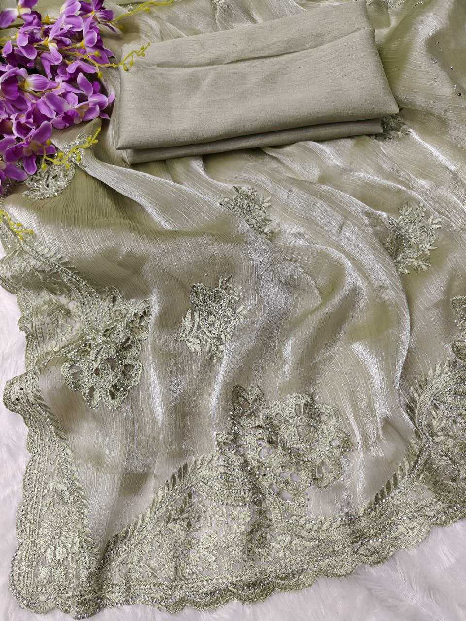 Burberry Silk Saree With Embroidery Cutwork and Stone Work Indian Party Saree - Image 14