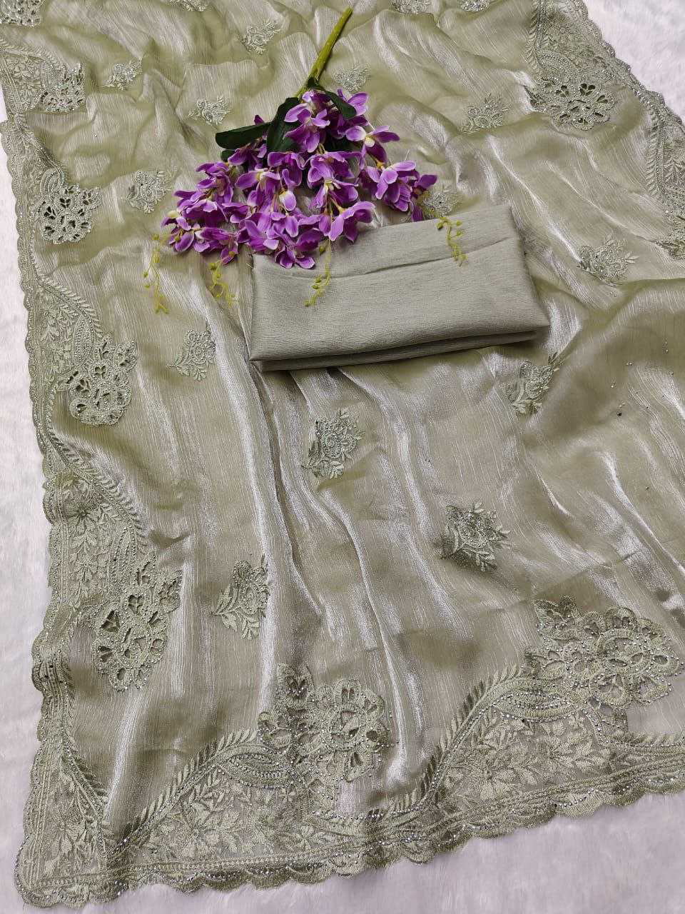 Burberry Silk Saree With Embroidery Cutwork and Stone Work Indian Party Saree - Image 9