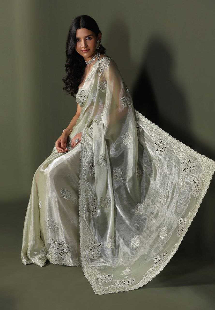 Burberry Silk Saree With Embroidery Cutwork and Stone Work Indian Party Saree - Image 8