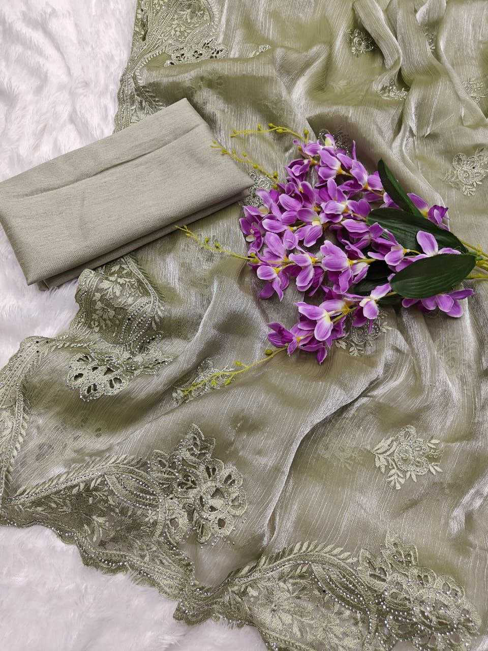 Burberry Silk Saree With Embroidery Cutwork and Stone Work Indian Party Saree - Image 10