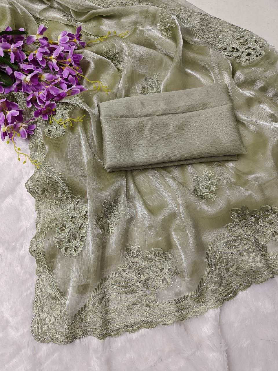 Burberry Silk Saree With Embroidery Cutwork and Stone Work Indian Party Saree - Image 12