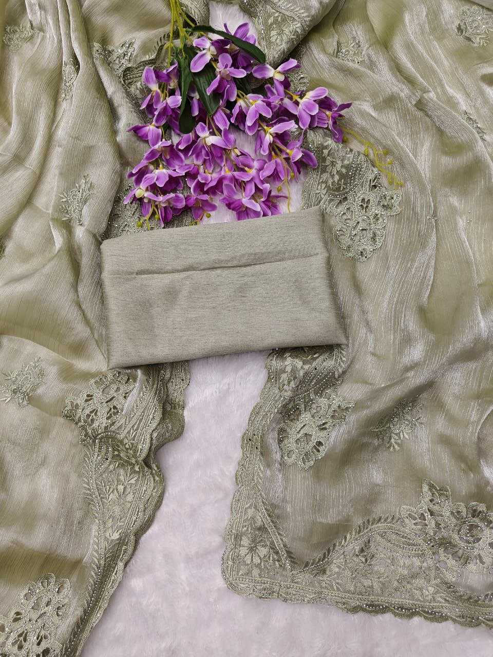 Burberry Silk Saree With Embroidery Cutwork and Stone Work Indian Party Saree - Image 6