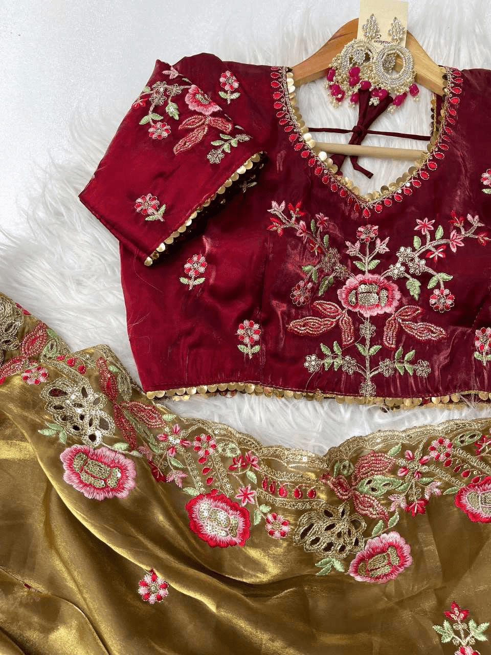 Elegant Pure Zimmy Choo Silk Blend Saree With Heavy Embroidery, Cutwork, And Sequins Border, Paired With Stitched Blouse