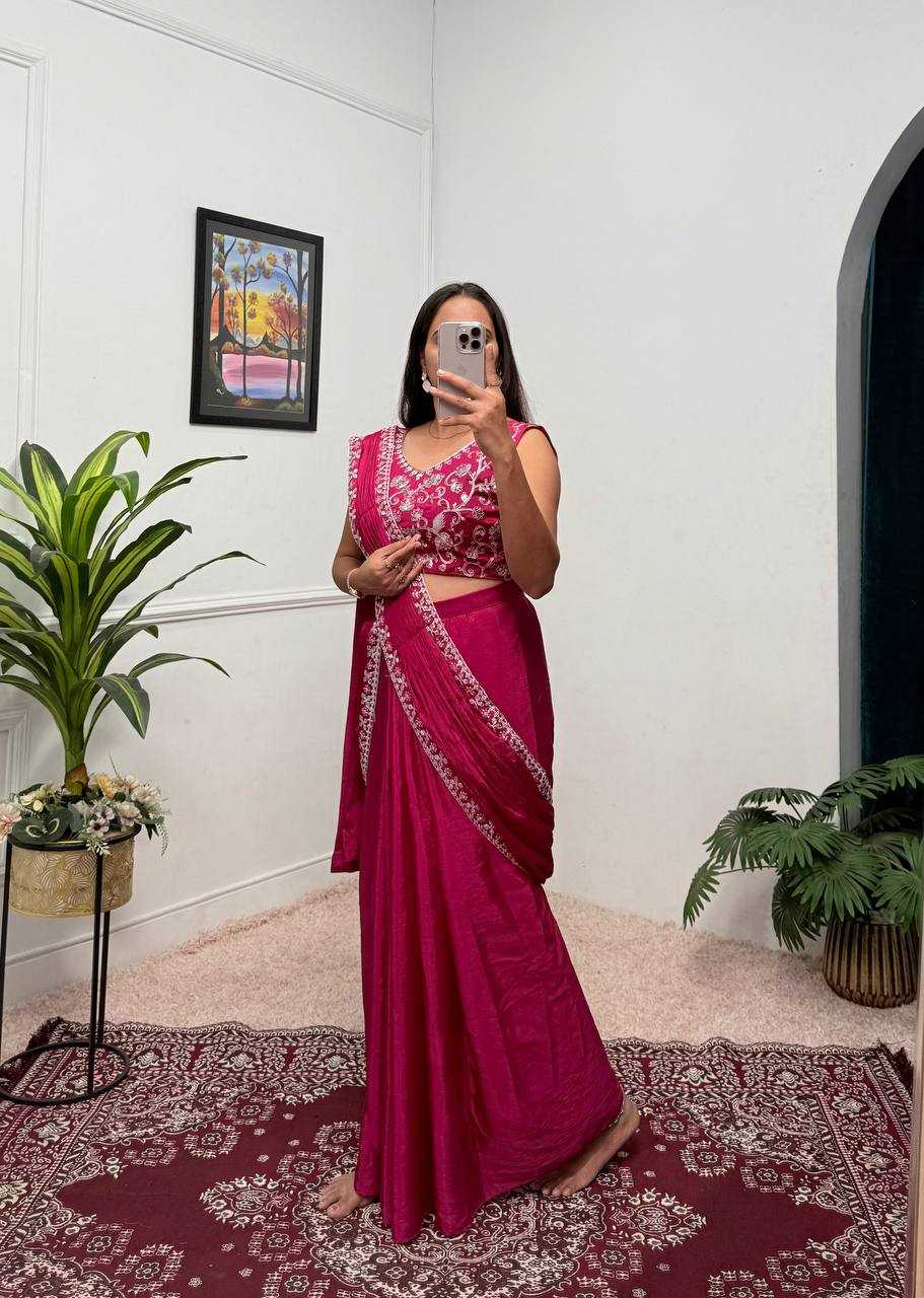 Blue EMBROIDERED LACE BORDER, READY TO WEAR WITH INNER & SHORT PALLU PATTERN - Image 2