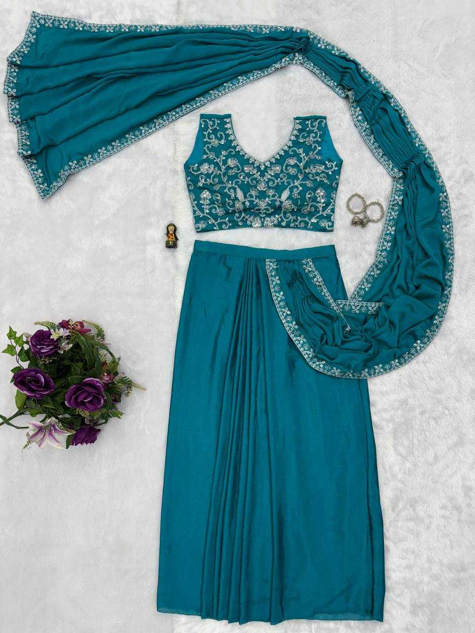 Blue EMBROIDERED LACE BORDER, READY TO WEAR WITH INNER & SHORT PALLU PATTERN - Image 5