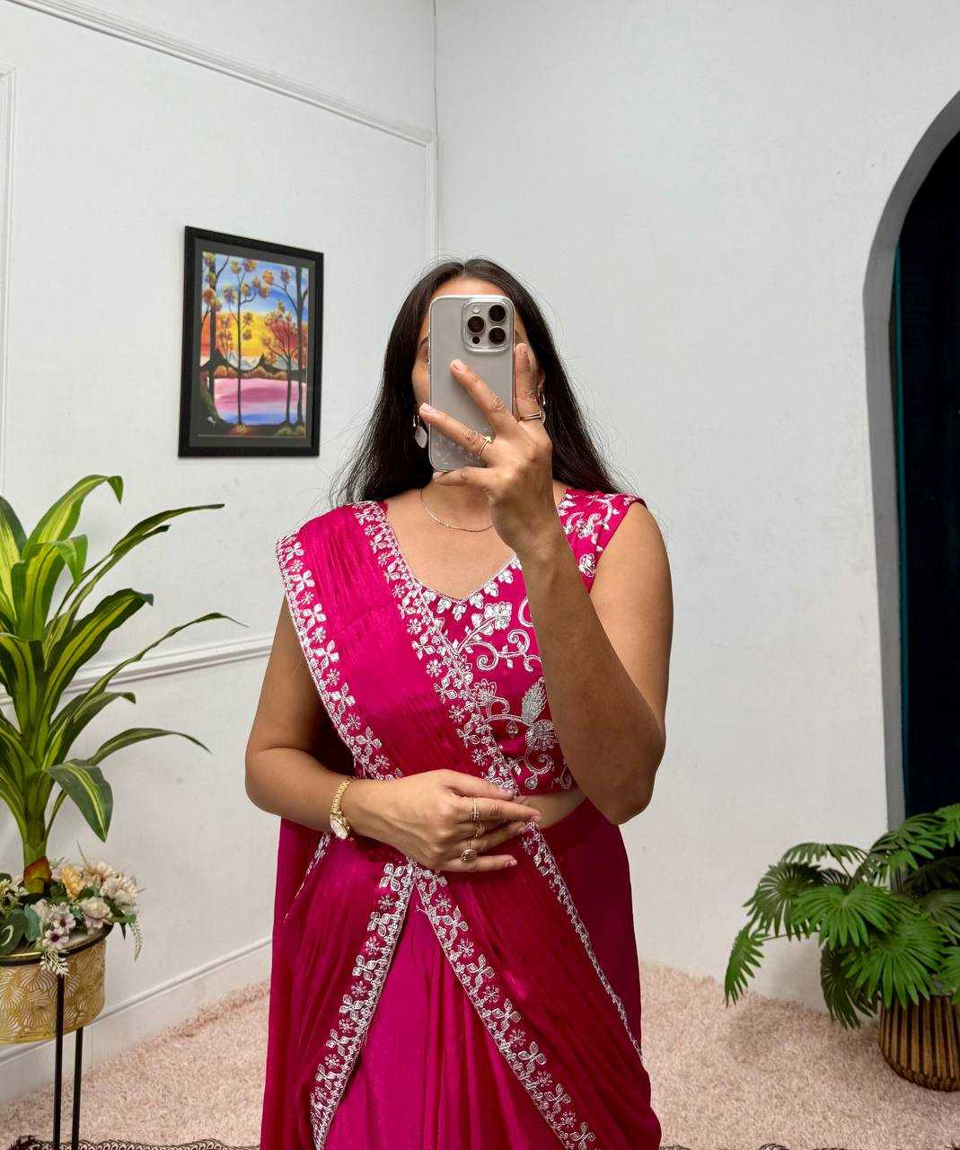 Blue EMBROIDERED LACE BORDER, READY TO WEAR WITH INNER & SHORT PALLU PATTERN - Image 4