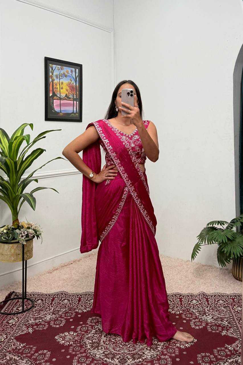 Blue EMBROIDERED LACE BORDER, READY TO WEAR WITH INNER & SHORT PALLU PATTERN - Image 3