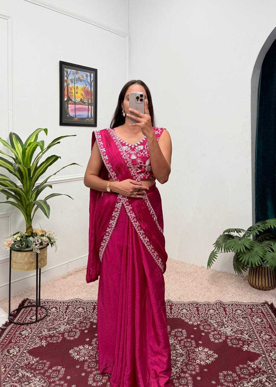 Blue EMBROIDERED LACE BORDER, READY TO WEAR WITH INNER & SHORT PALLU PATTERN