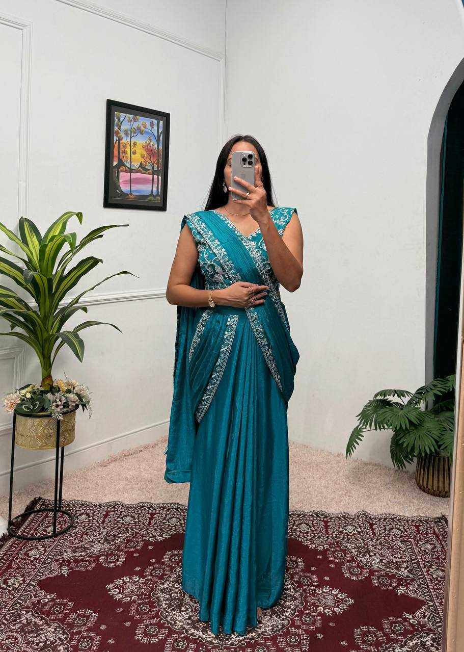 Blue EMBROIDERED LACE BORDER, READY TO WEAR WITH INNER & SHORT PALLU PATTERN