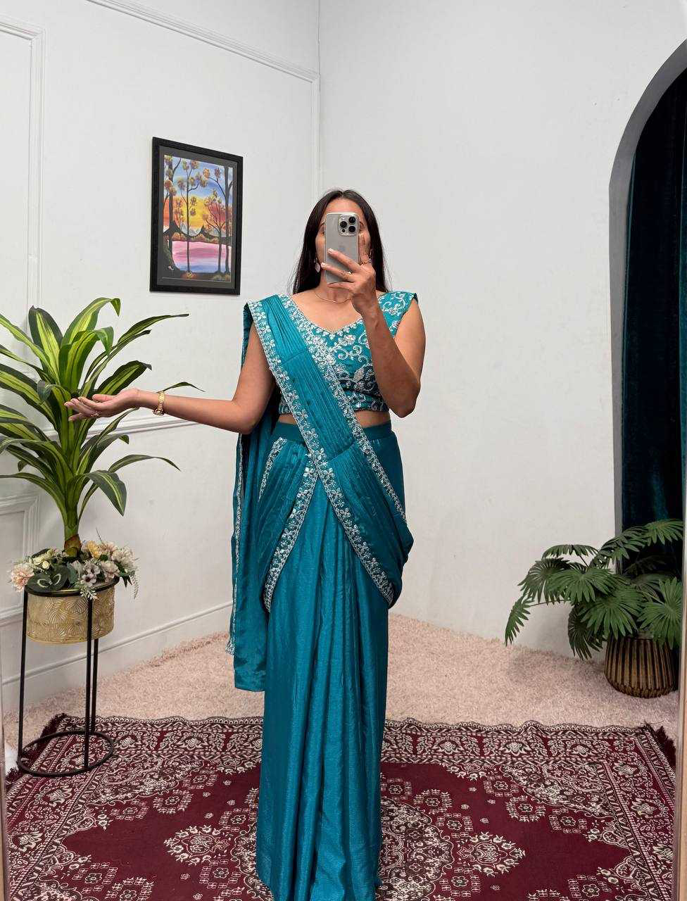 Blue EMBROIDERED LACE BORDER, READY TO WEAR WITH INNER & SHORT PALLU PATTERN - Image 4
